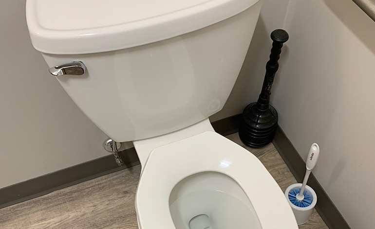 Close-up of a modern residential toilet with toilet brush and plunger.