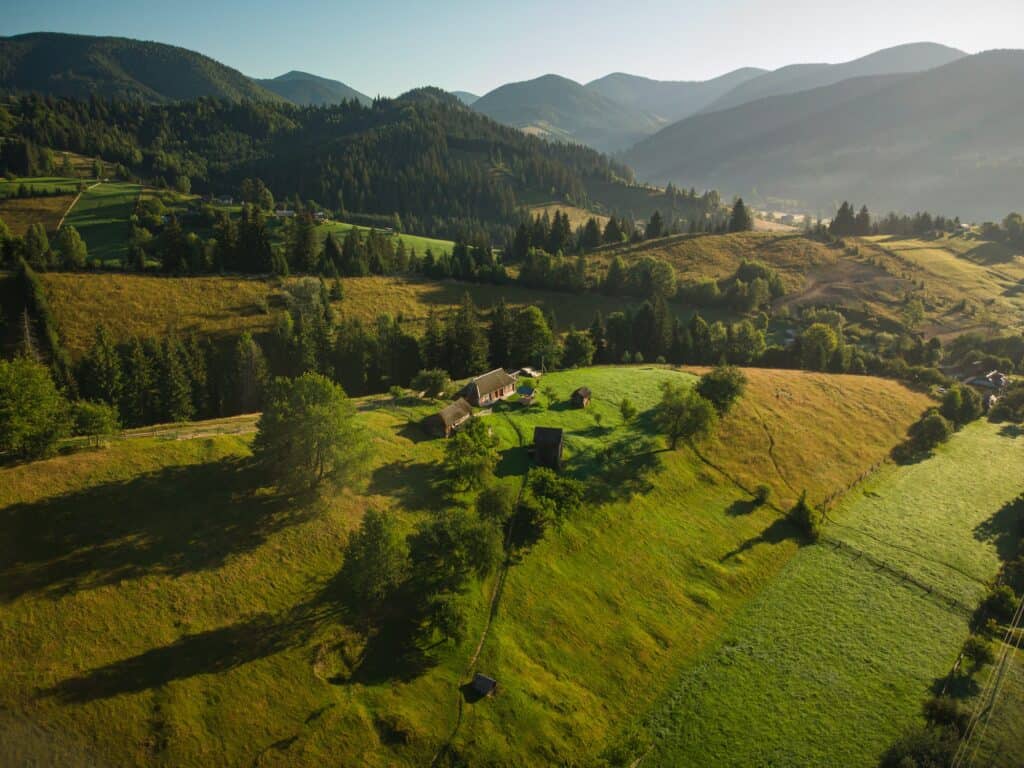 Aerial view of Mountain Village in Carpathians in Summer day