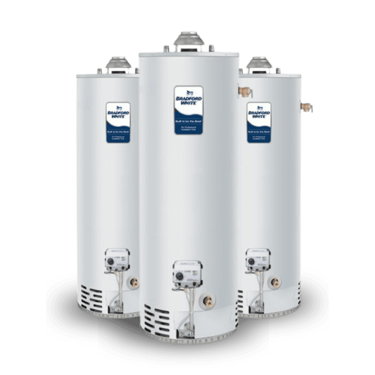 Three white hot water tanks with Bradford White labels for plumbing systems.