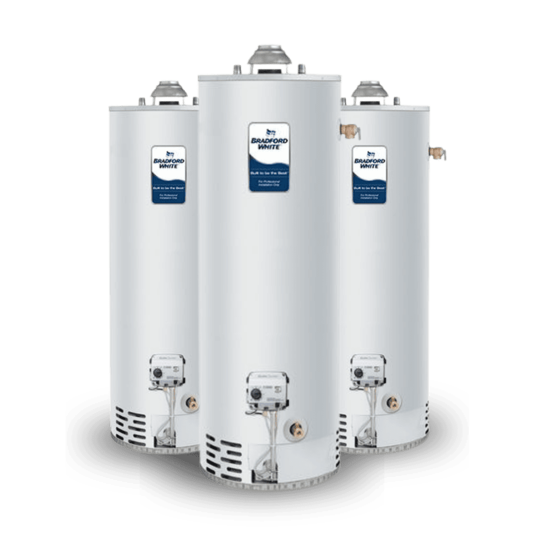 Three white hot water tanks with Bradford White labels for plumbing systems.